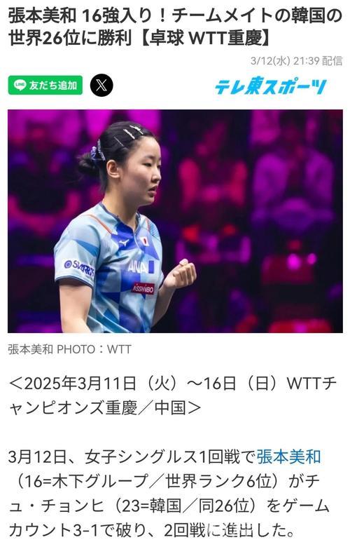 张本美和强势晋级 男单16强名单出炉